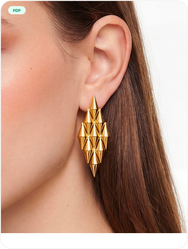 Final PDP result - close-up of model wearing gold chandelier earring