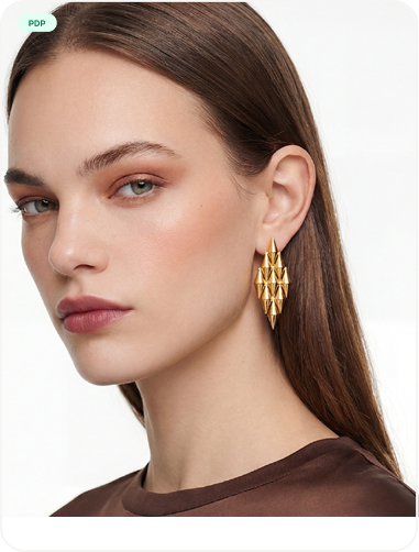 Model wearing gold chandelier earring - editorial portrait