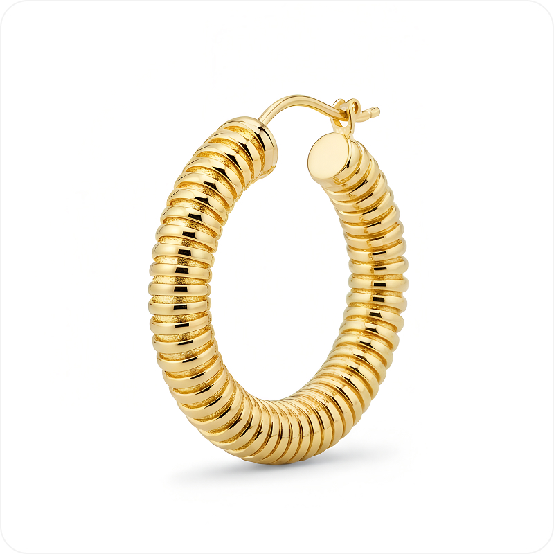 Gold ribbed hoop earring - product upload